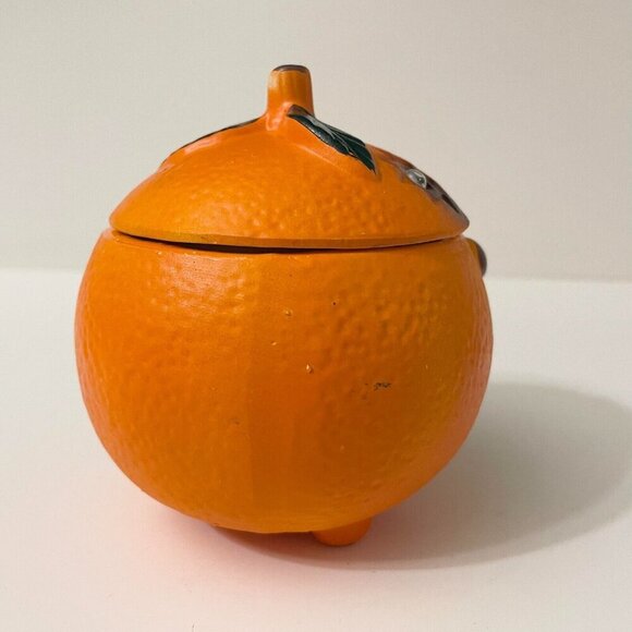 Vintage Orange Anthropomorphic Smiling Fruit Ceramic Sugar Bowl Googly Eyes - Picture 4 of 16